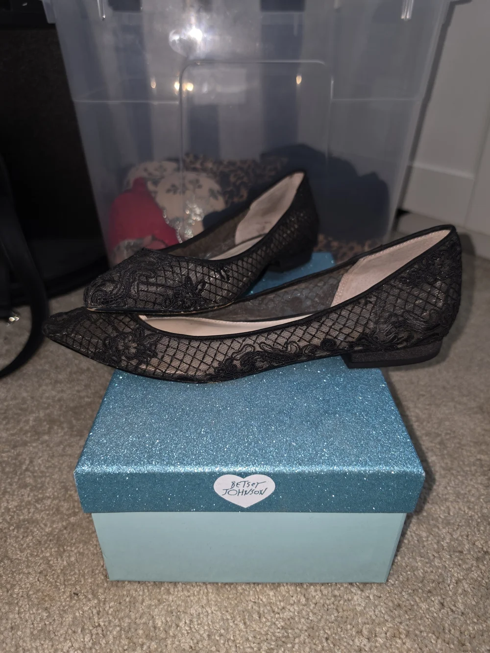 Betsey Johnson Black Lace Pointed Ballet Flats.  sz 10 gothic wedding shoe